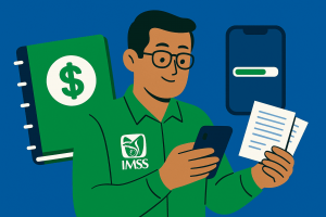 Trabajador del IMSS revisa en su teléfono el avance para renovar préstamo de la caja de ahorro y reúne sus comprobantes